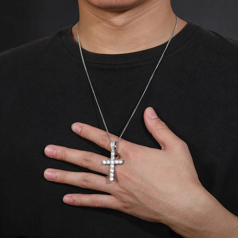 5MM MOISSANITE DIAMOND CROSS PENDANT NECKLACE IN STERLING SILVER - Image 2