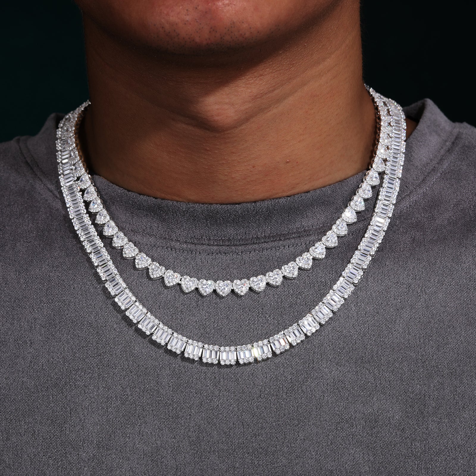 7MM HEART CUT MOISSANITE TENNIS CHAIN NECKLACE/BRACELET IN STERLING SILVER - Image 2