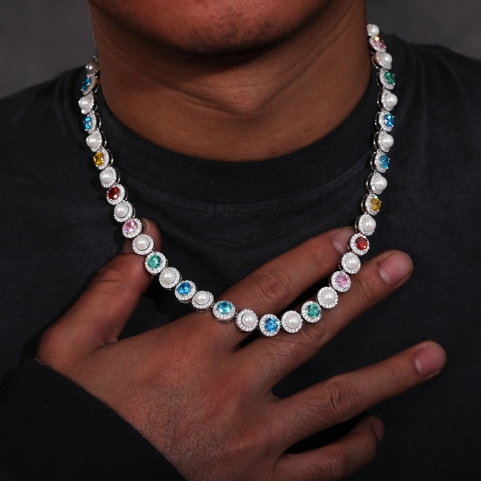 9.5MM COLORED MOISSANITE PEARL TENNIS CHAIN IN STERLING SILVER - Image 2