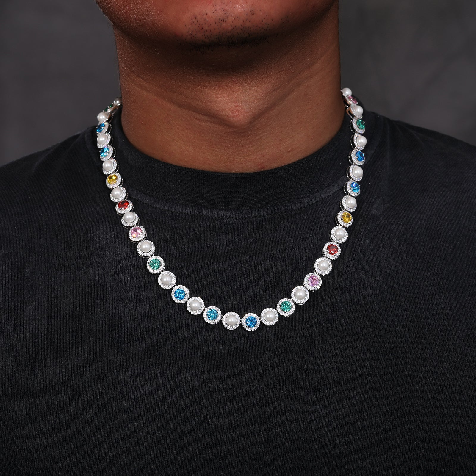 9.5MM COLORED MOISSANITE PEARL TENNIS CHAIN IN STERLING SILVER - Image 3