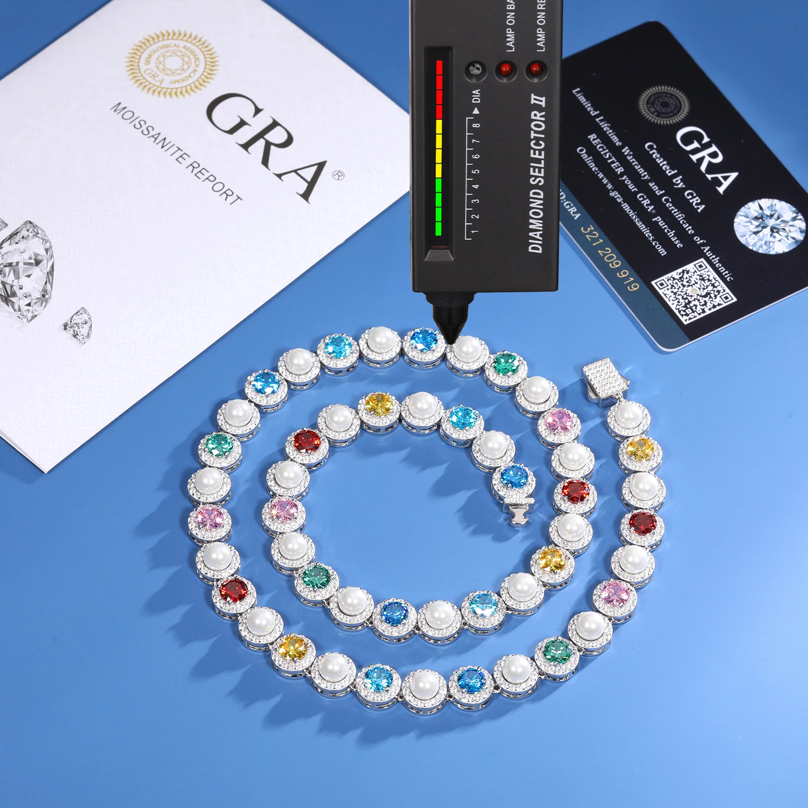 9.5MM COLORED MOISSANITE PEARL TENNIS CHAIN IN STERLING SILVER - Image 5