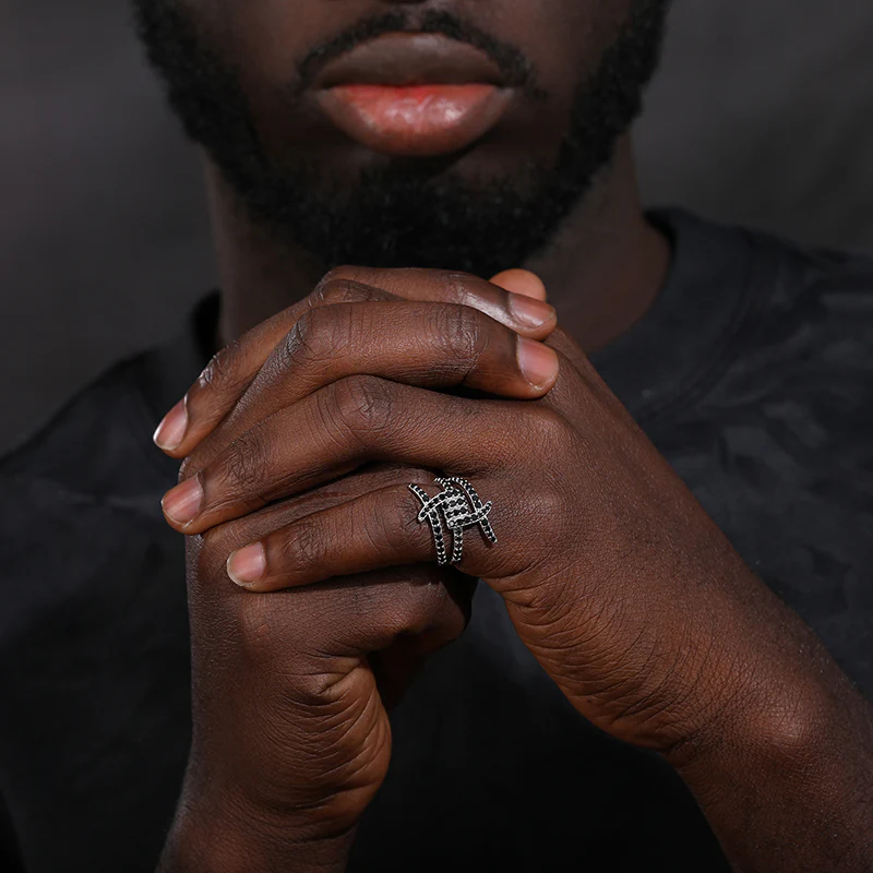 ADJUSTABLE BLACK MOISSANITE ICED OUT RING IN STERLING SILVER - Image 3