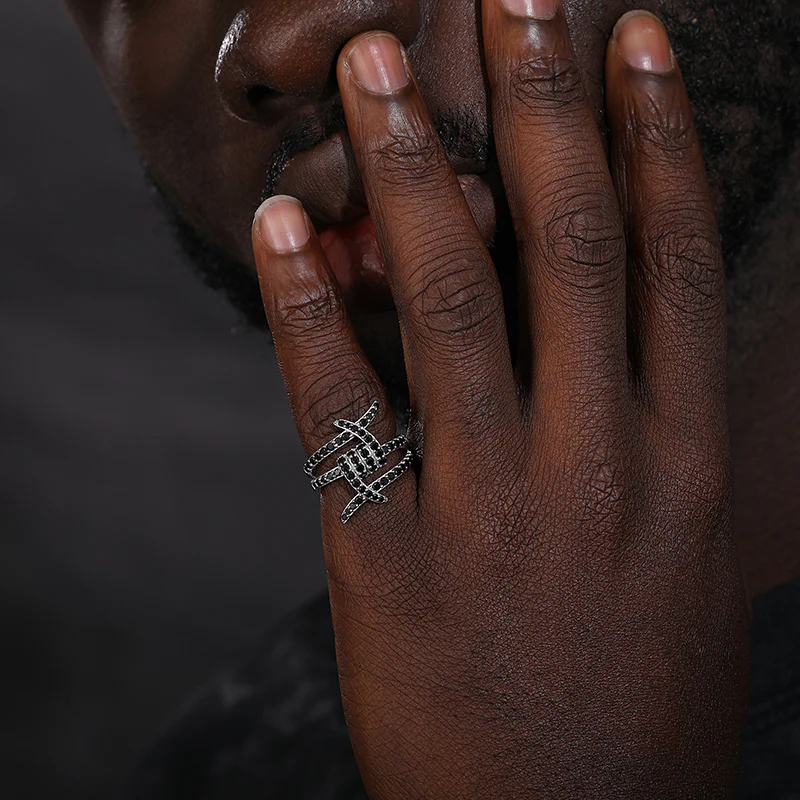 ADJUSTABLE BLACK MOISSANITE ICED OUT RING IN STERLING SILVER - Image 4