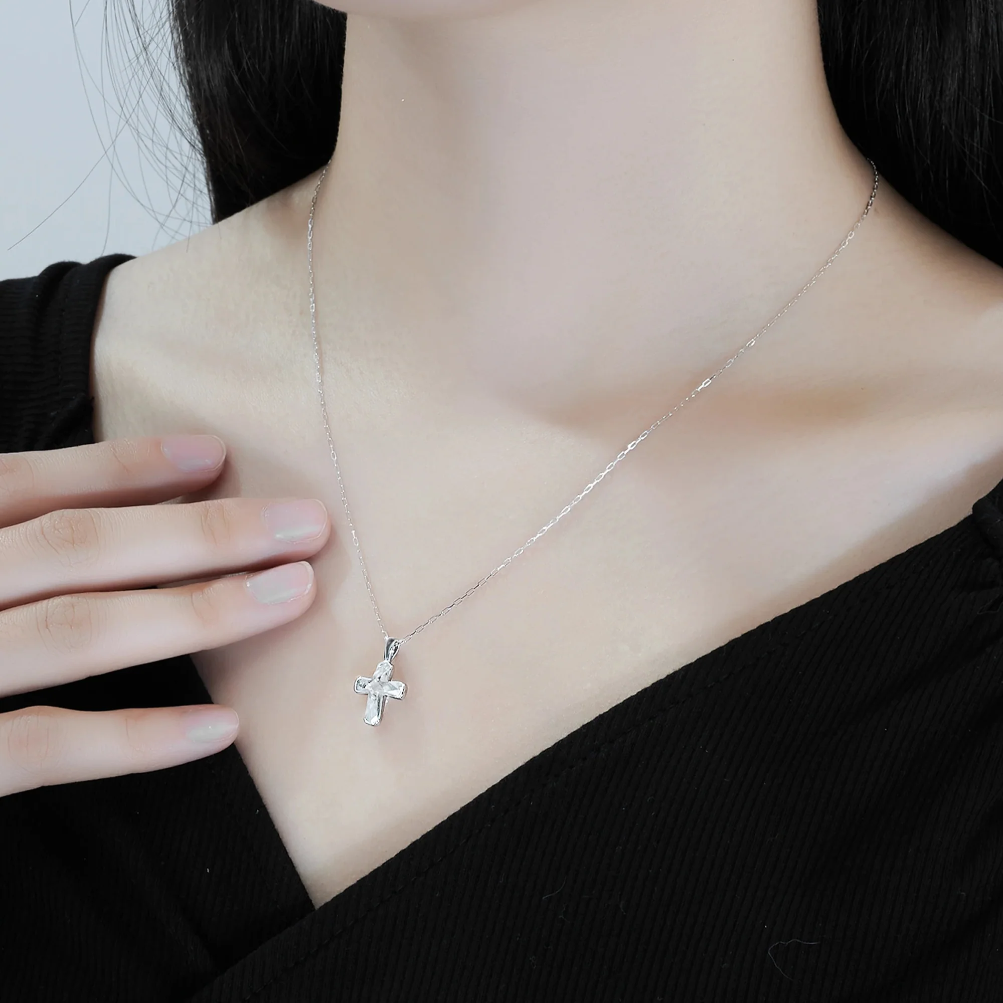 ALL MOISSANITE BEZEL CROSS PENDANT IN STERLING SILVER - Image 2