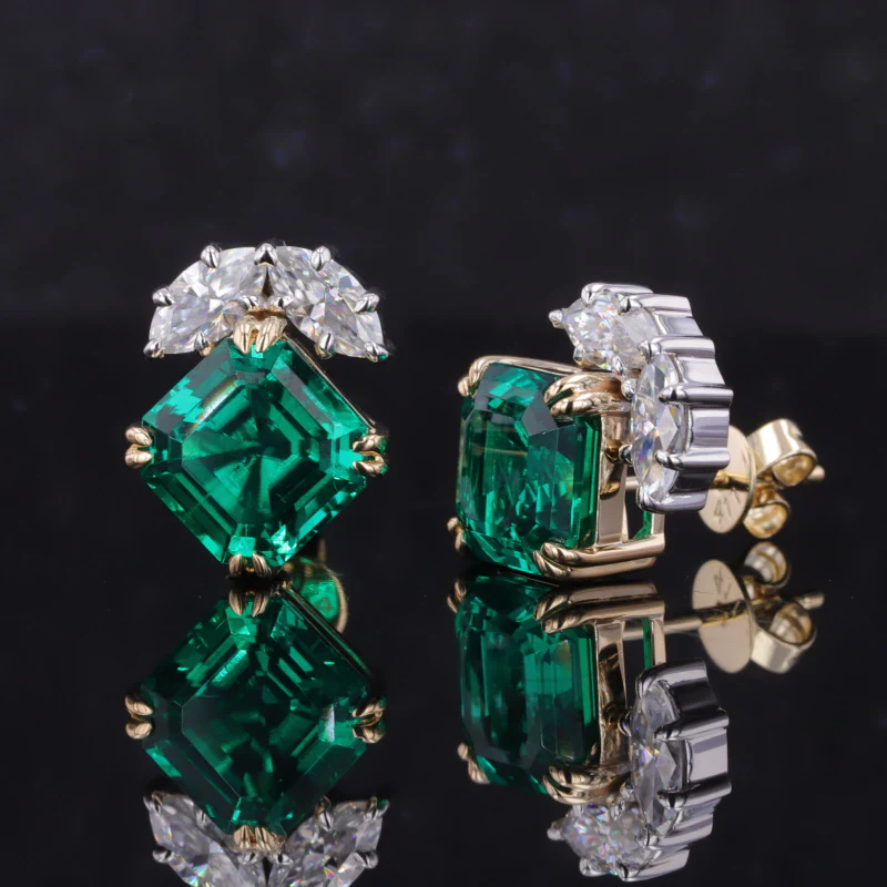 ASSCHER CUT LAB EMERALD WITH MARQUISE CUT MOISSANITE STUD EARRING IN 10K SOLID GOLD - Image 3