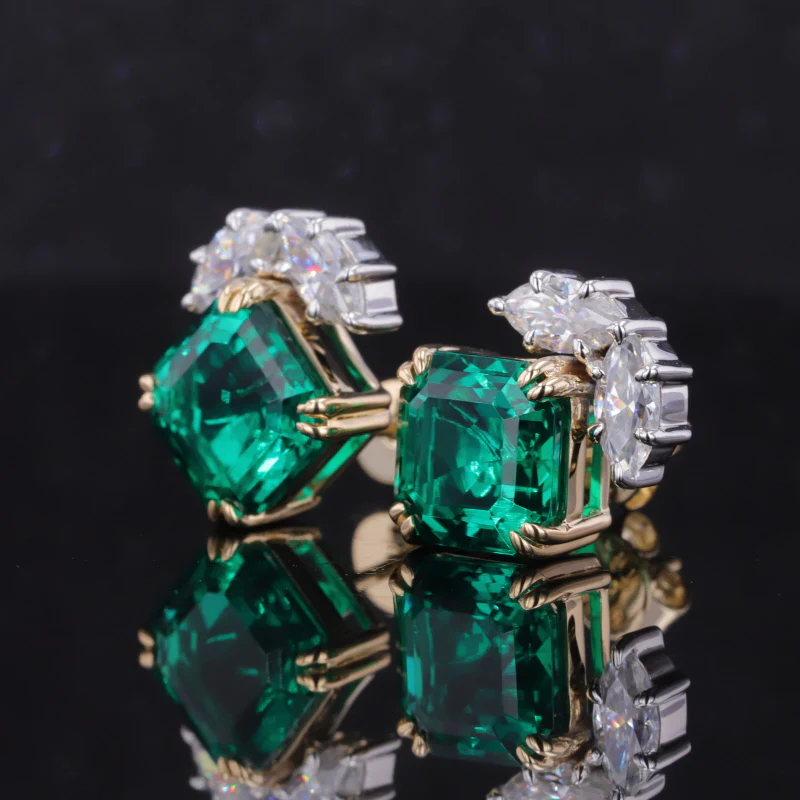 ASSCHER CUT LAB EMERALD WITH MARQUISE CUT MOISSANITE STUD EARRING IN 10K SOLID GOLD - Image 4