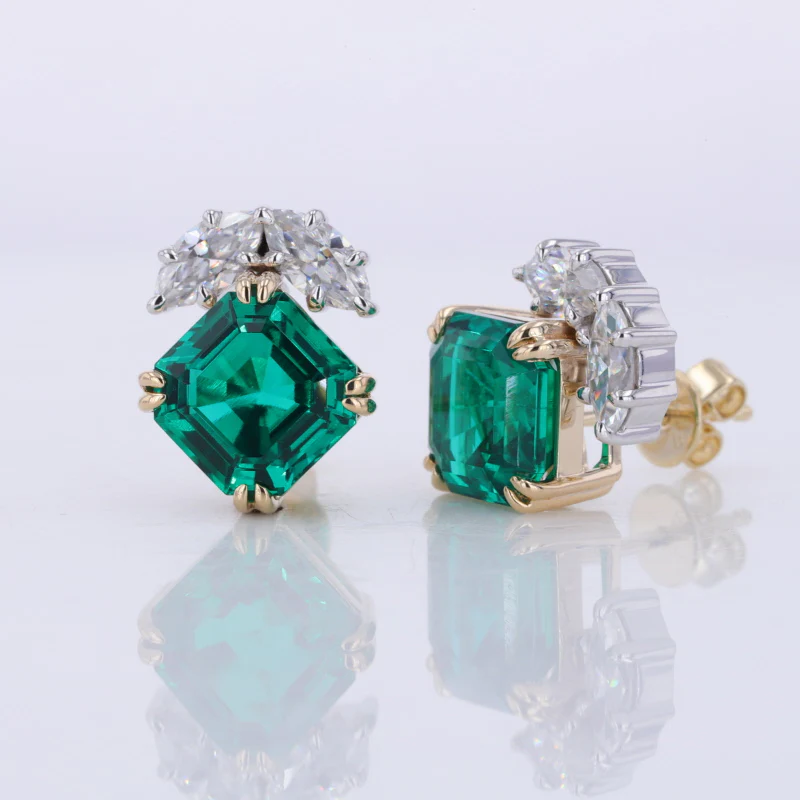 ASSCHER CUT LAB EMERALD WITH MARQUISE CUT MOISSANITE STUD EARRING IN 10K SOLID GOLD - Image 5
