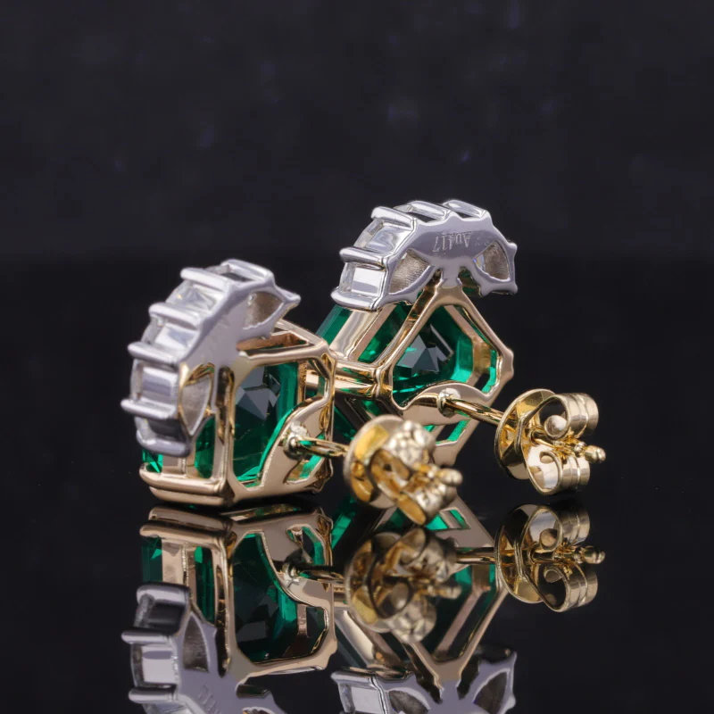 ASSCHER CUT LAB EMERALD WITH MARQUISE CUT MOISSANITE STUD EARRING IN 10K SOLID GOLD - Image 6