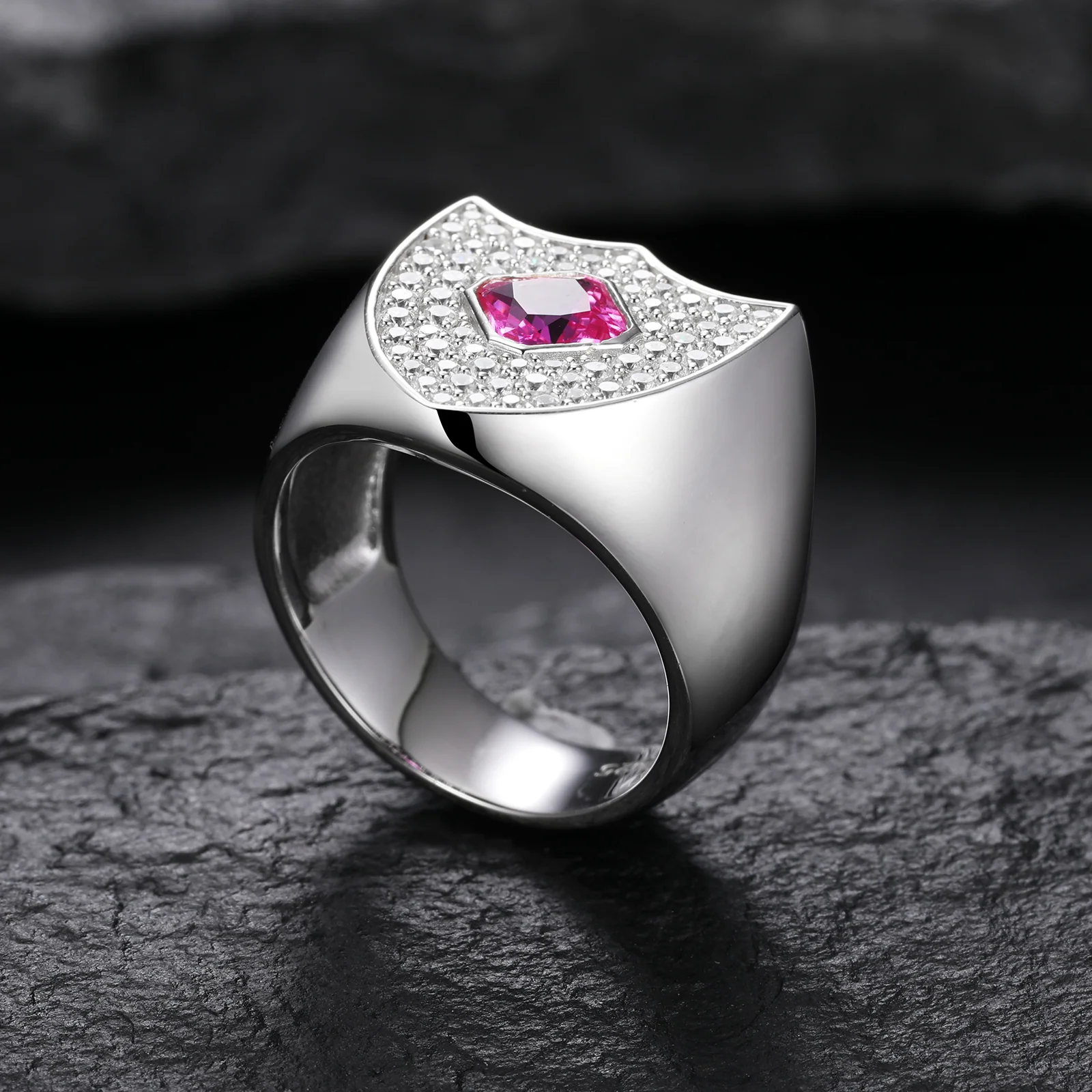 ASSCHER CUT MOISSANITE GUARD SHIELD SIGNET RING IN STERLING SILVER - Image 6