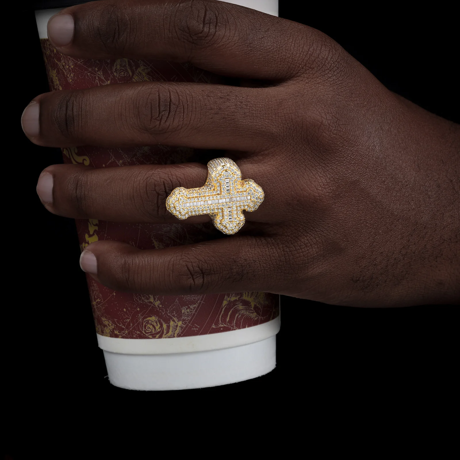 BAGUETTE CUT MOISSANITE DIAMOND IRIS CROSS RING IN STERLING SILVER - Image 2