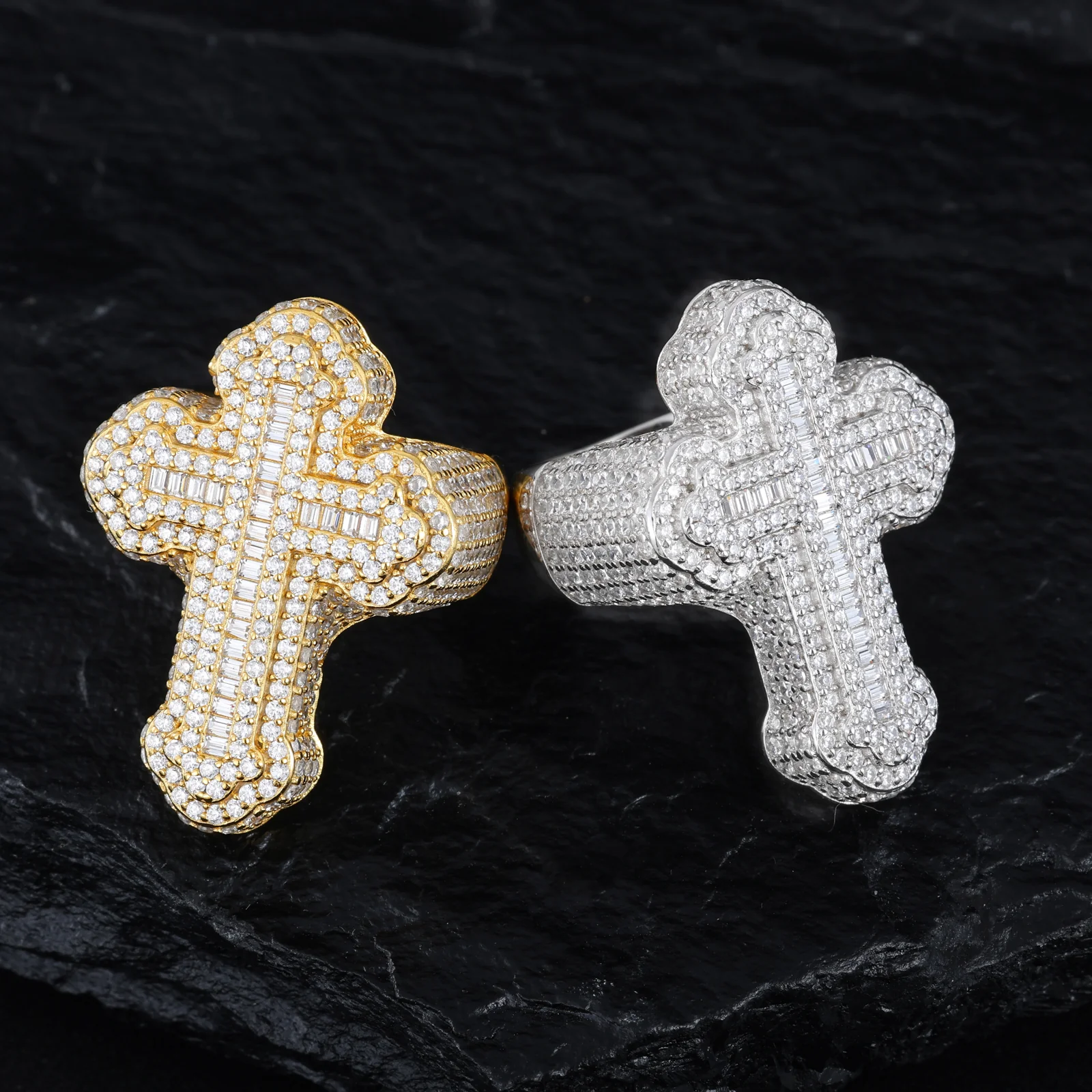 BAGUETTE CUT MOISSANITE DIAMOND IRIS CROSS RING IN STERLING SILVER - Image 3