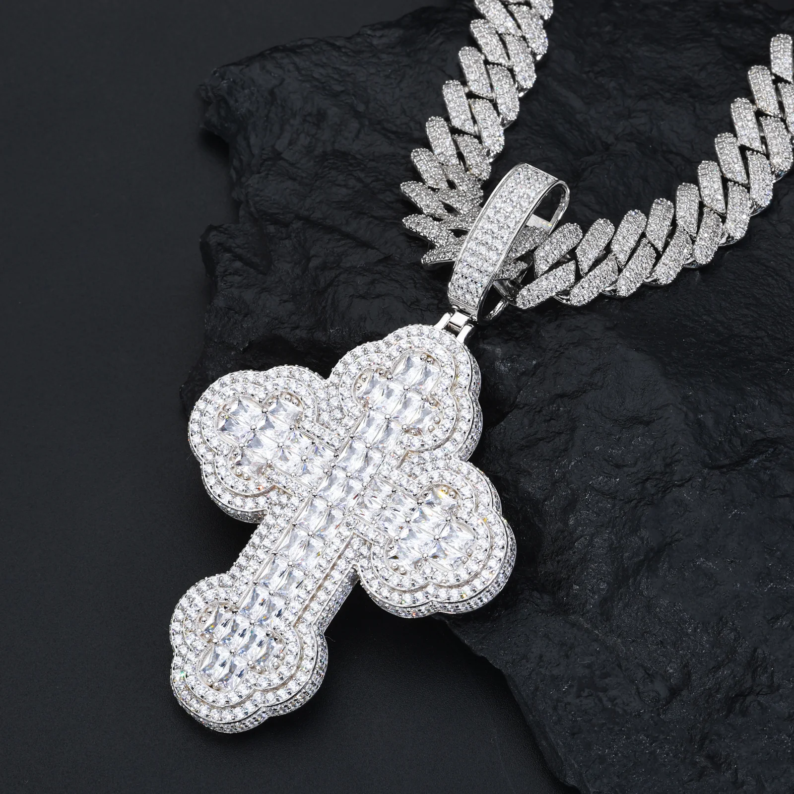 BAGUETTE CUT MOISSANITE ICED OUT CROSS PENDANT IN STERLING SILVER - Image 2