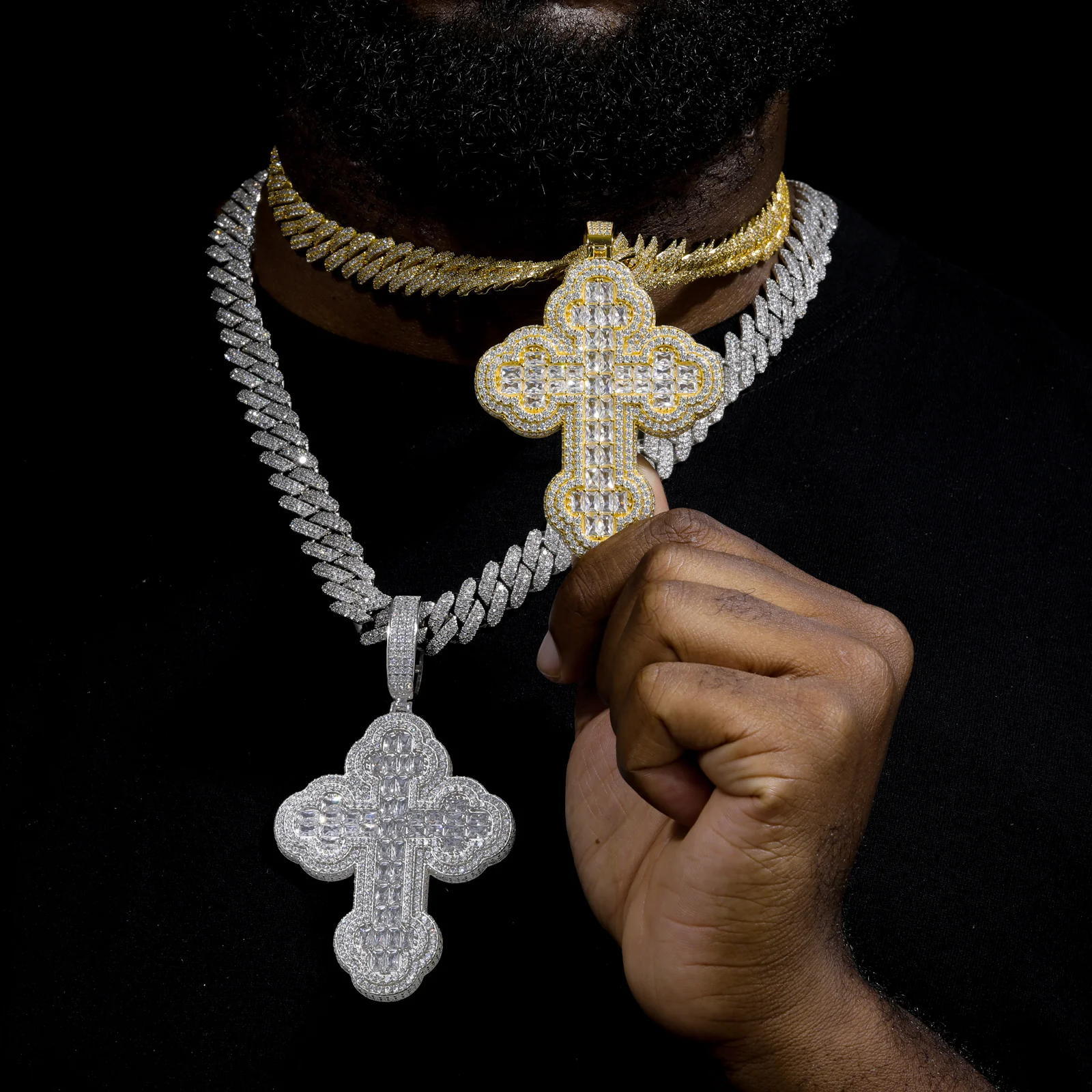 BAGUETTE CUT MOISSANITE ICED OUT CROSS PENDANT IN STERLING SILVER - Image 3