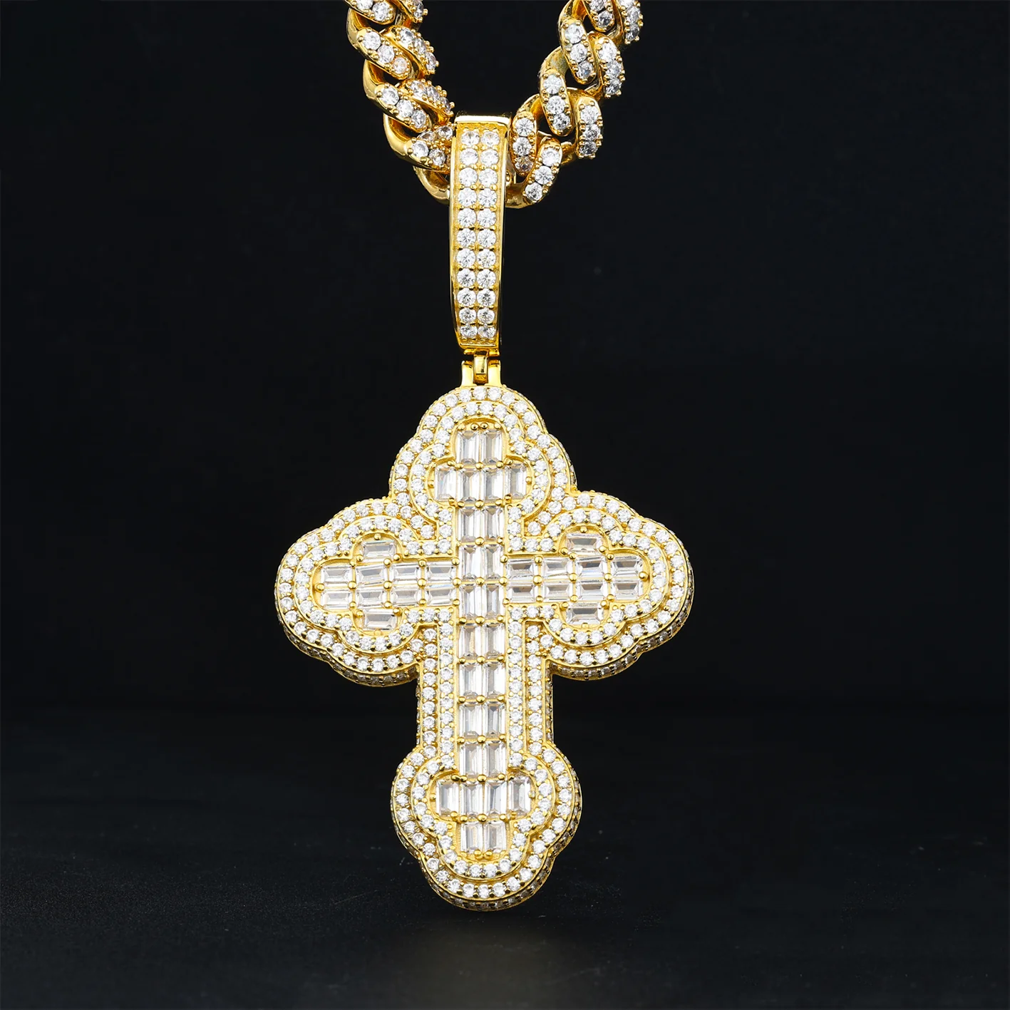 BAGUETTE CUT MOISSANITE ICED OUT CROSS PENDANT IN STERLING SILVER - Image 4