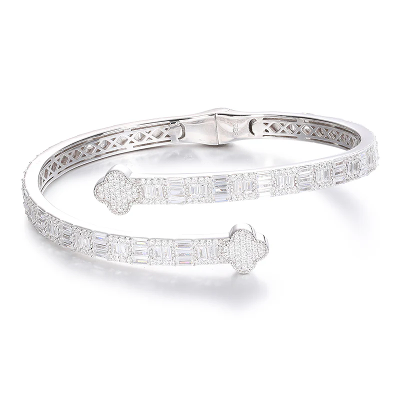 BAGUETTE MOISSANITE CLOVER CUFF BANGLE BRACELET IN STERLING SILVER - Image 4