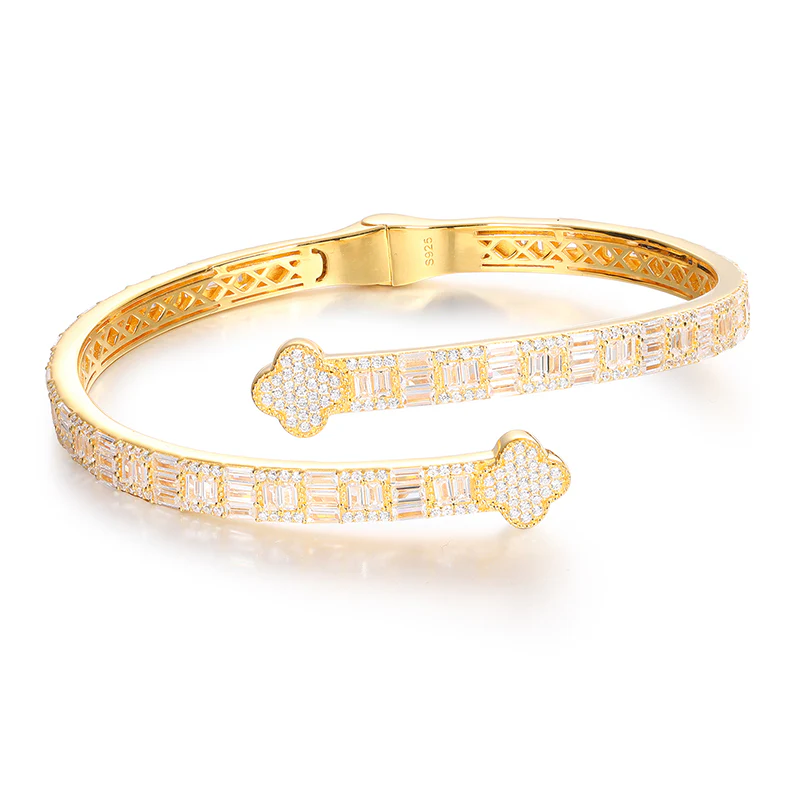 BAGUETTE MOISSANITE CLOVER CUFF BANGLE BRACELET IN STERLING SILVER - Image 5