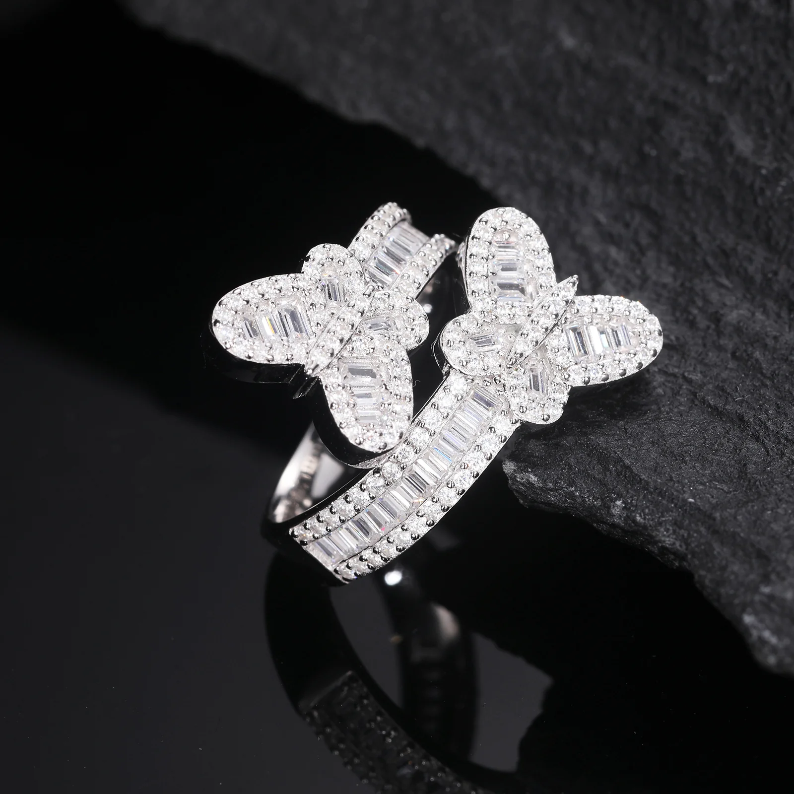 BAGUETTE MOISSANITE DIAMOND BUTTERFLY RING IN STERLING SILVER - Image 3