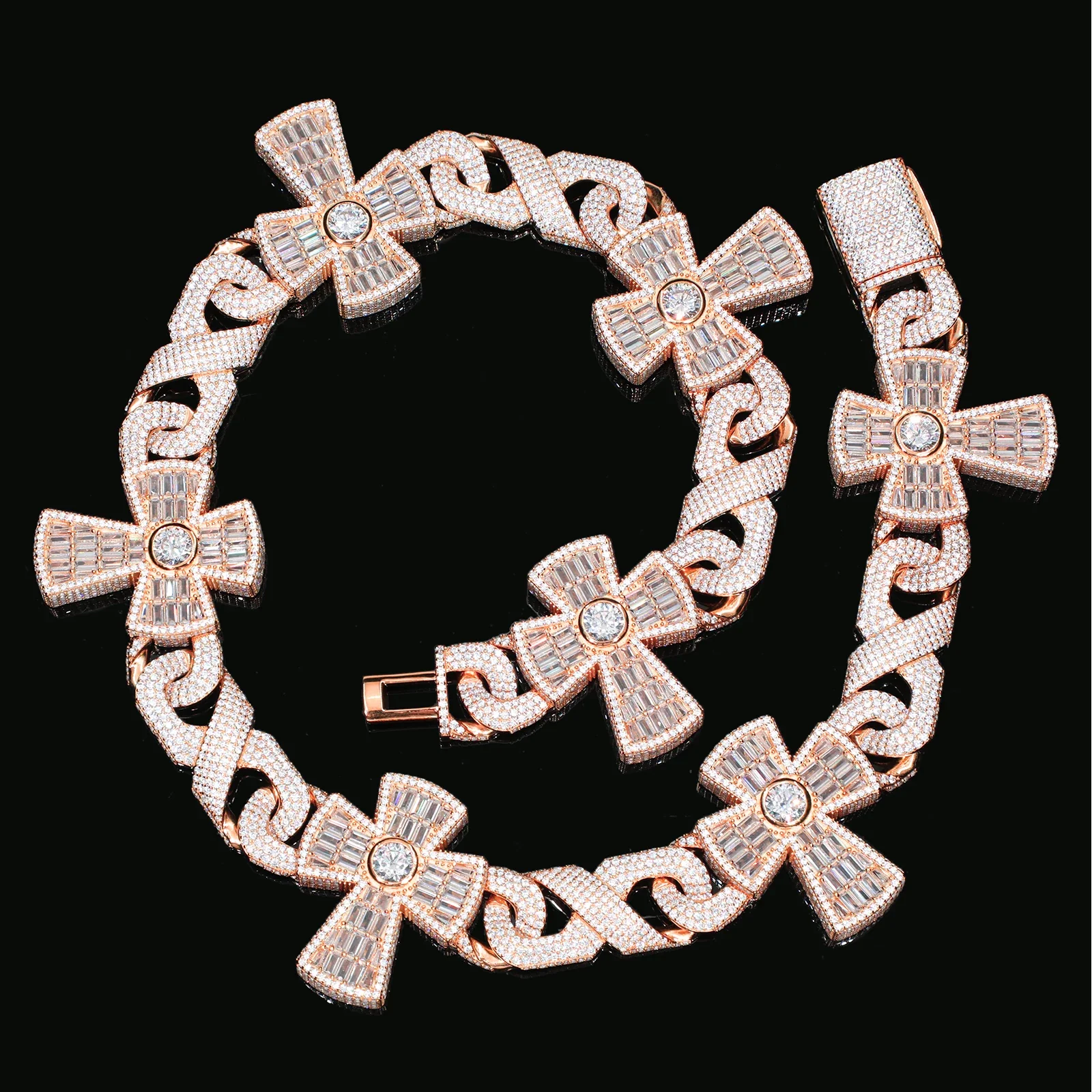 BAGUETTE MOISSANITE DIAMOND CROSS CHARM CUBAN LINK CHAIN NECKLACE OR BRACELET IN STERLING SILVER - Image 3