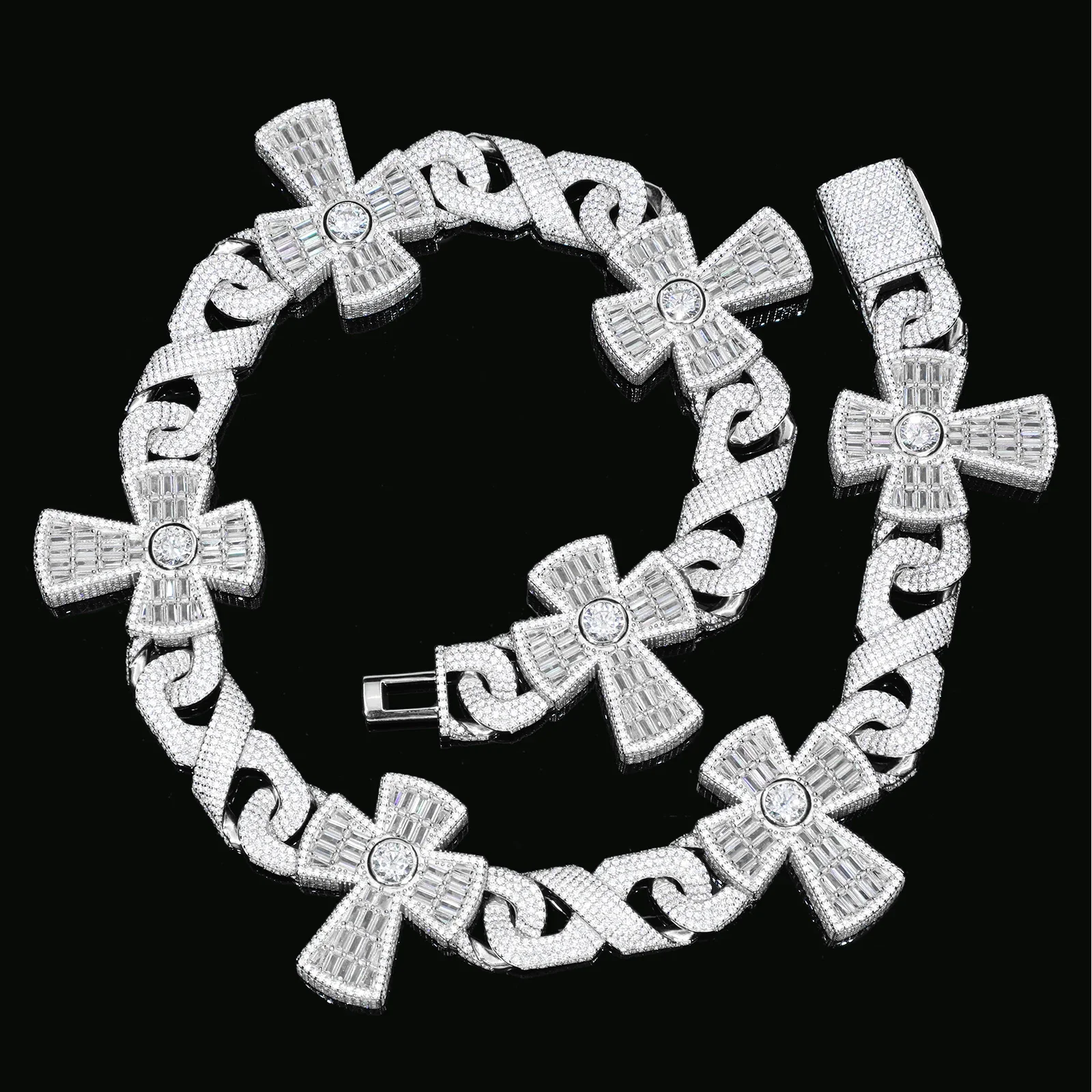 BAGUETTE MOISSANITE DIAMOND CROSS CHARM CUBAN LINK CHAIN NECKLACE OR BRACELET IN STERLING SILVER - Image 4
