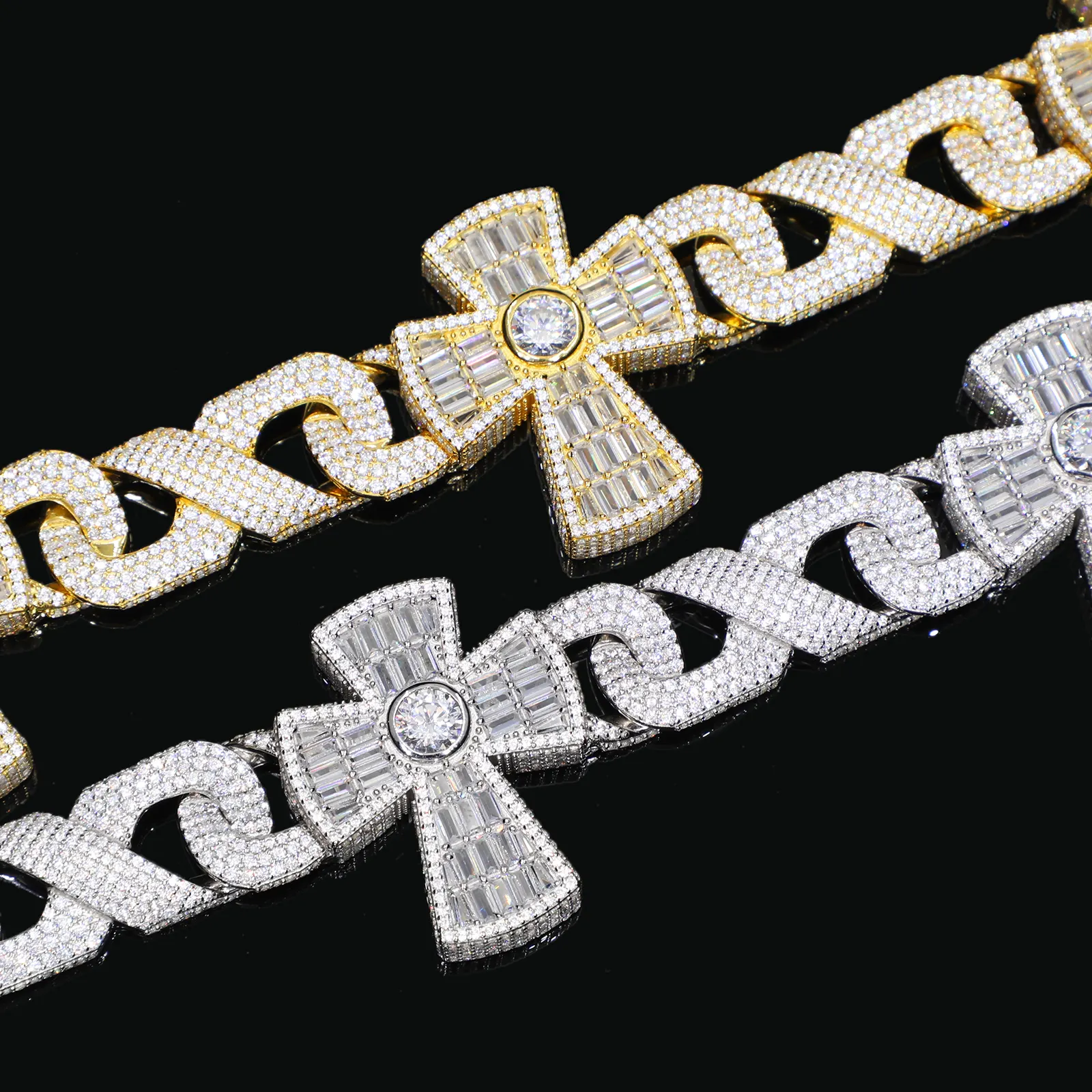 BAGUETTE MOISSANITE DIAMOND CROSS CHARM CUBAN LINK CHAIN NECKLACE OR BRACELET IN STERLING SILVER - Image 5