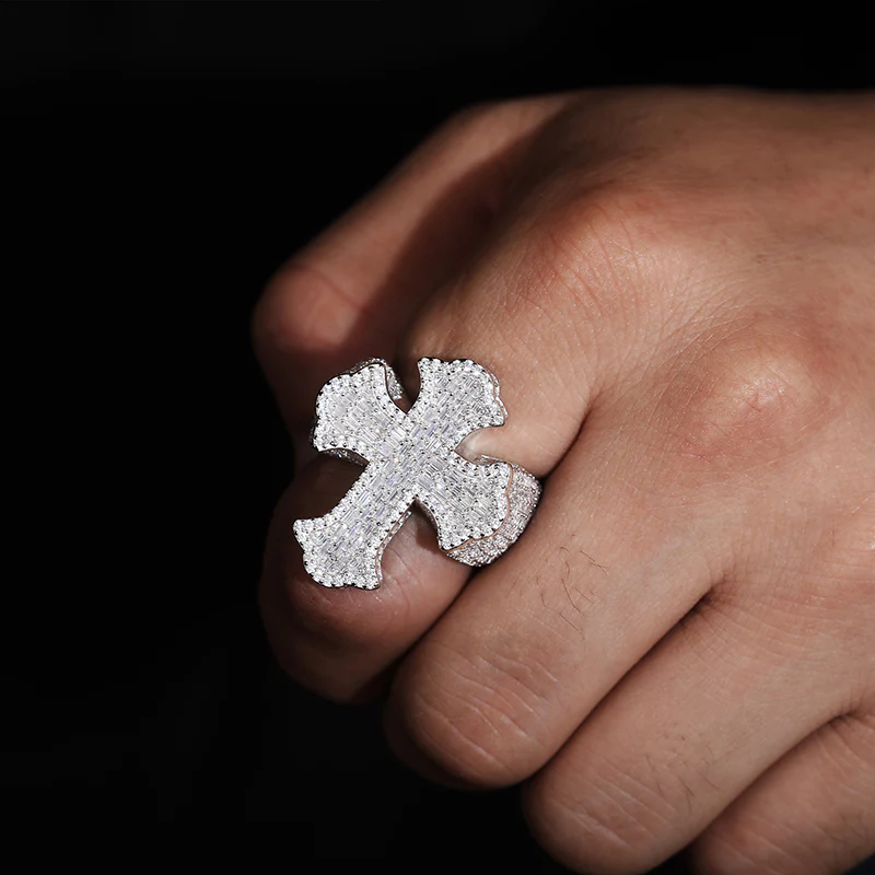 BAGUETTE MOISSANITE DIAMOND CROSS RING IN STERLING SILVER {STYLE 2} - Image 2