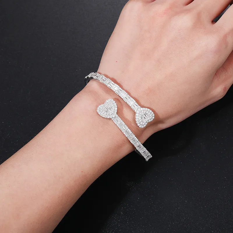BAGUETTE MOISSANITE DIAMOND HEART CUFF BANGLE BRACELET IN STERLING SILVER