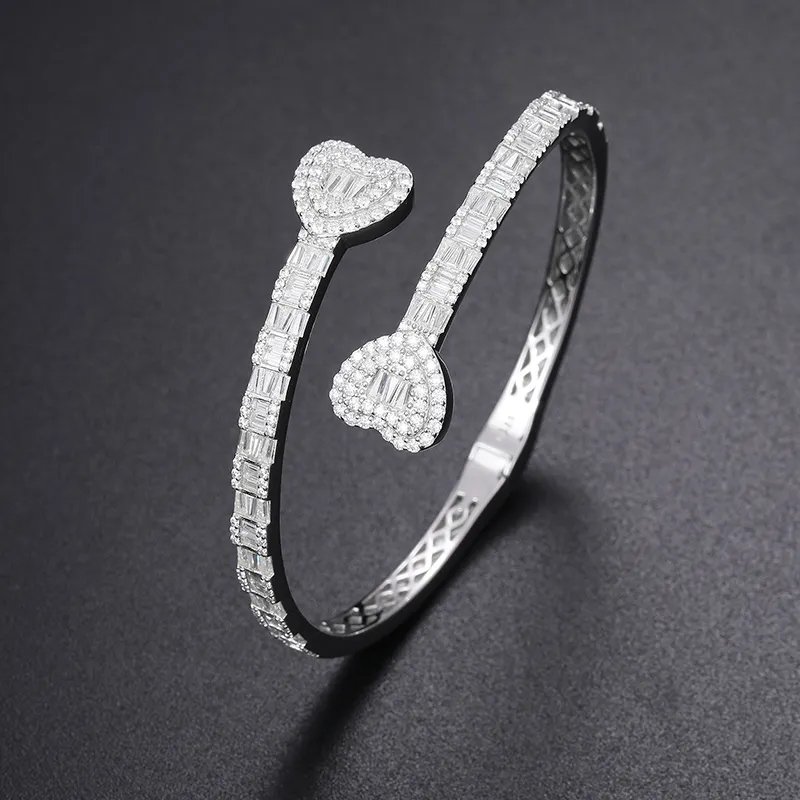 BAGUETTE MOISSANITE DIAMOND HEART CUFF BANGLE BRACELET IN STERLING SILVER - Image 2