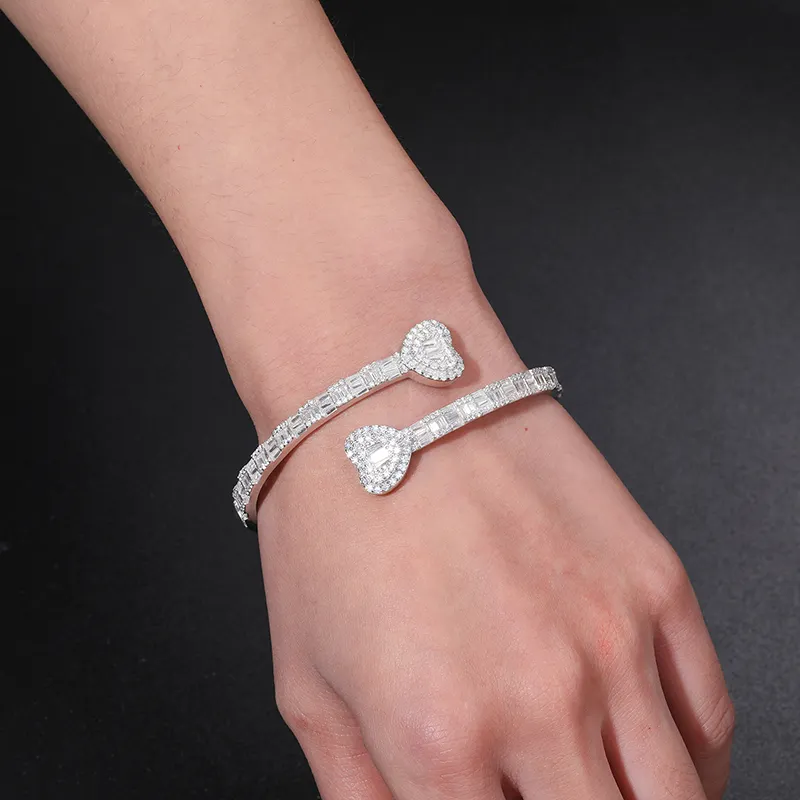 BAGUETTE MOISSANITE DIAMOND HEART CUFF BANGLE BRACELET IN STERLING SILVER - Image 3