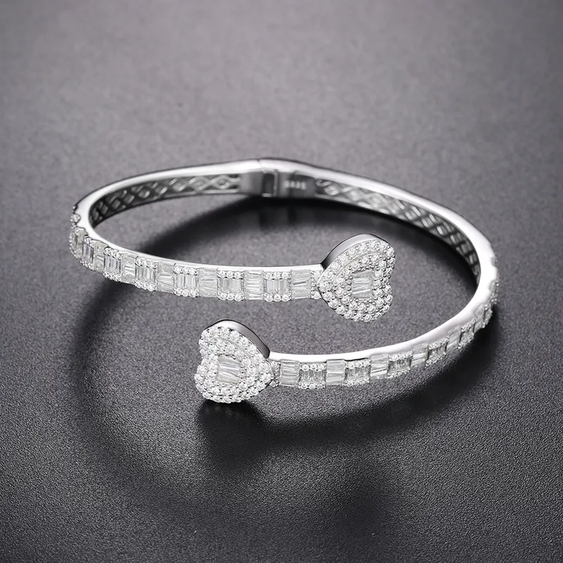 BAGUETTE MOISSANITE DIAMOND HEART CUFF BANGLE BRACELET IN STERLING SILVER - Image 4