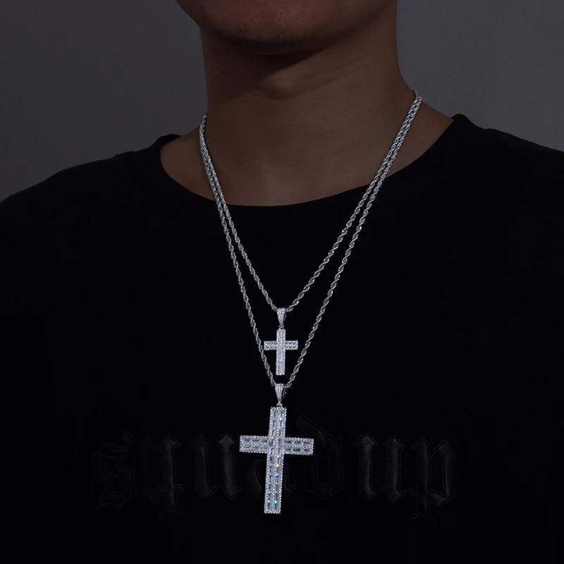 BAGUETTE MOISSANITE DIAMOND ICED OUT CROSS PENDANT IN STERLING SILVER - Image 3
