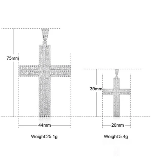 BAGUETTE MOISSANITE DIAMOND ICED OUT CROSS PENDANT IN STERLING SILVER - Image 6