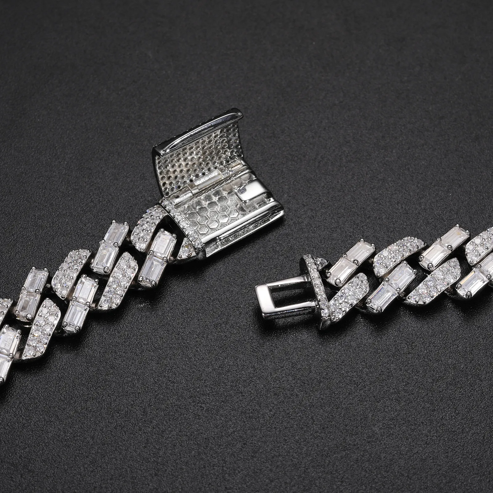 BAGUETTE MOISSANITE DIAMOND ICED OUT CUBAN LINK CHAIN NECKLACE OR BRACELET IN STERLING SILVER - Image 3