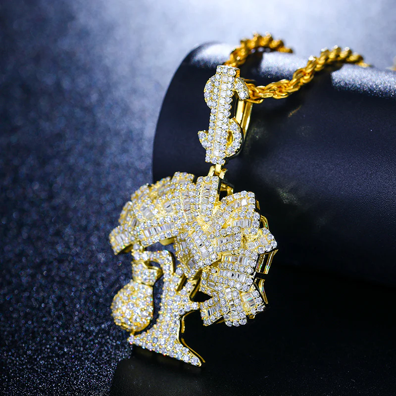 BAGUETTE MOISSANITE DOLLAR MONEY BAG TREE PENDANT IN STERLING SILVER - Image 2