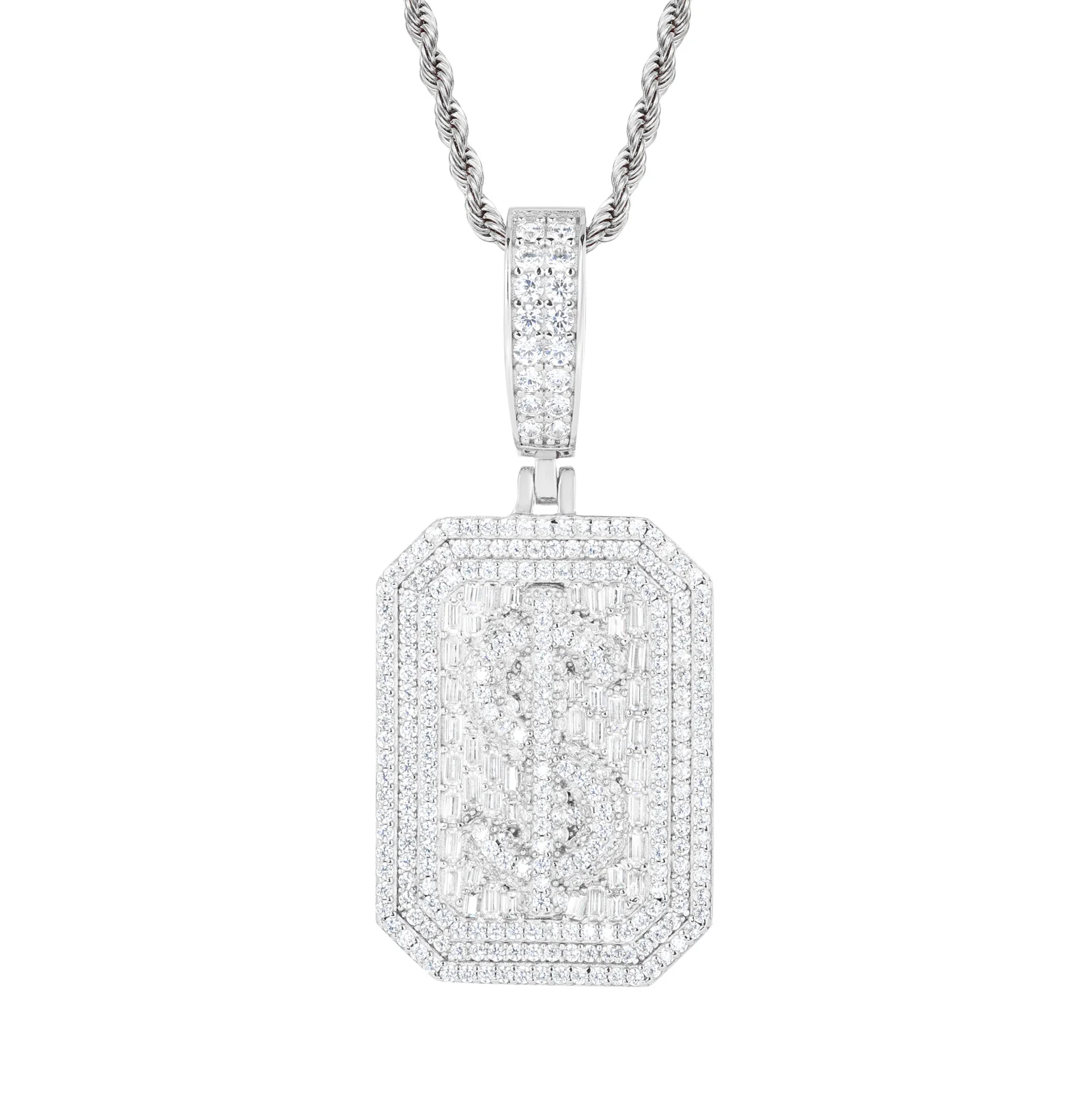 BAGUETTE MOISSANITE DOLLAR SIGN PENDANT IN STERLING SILVER - Image 4
