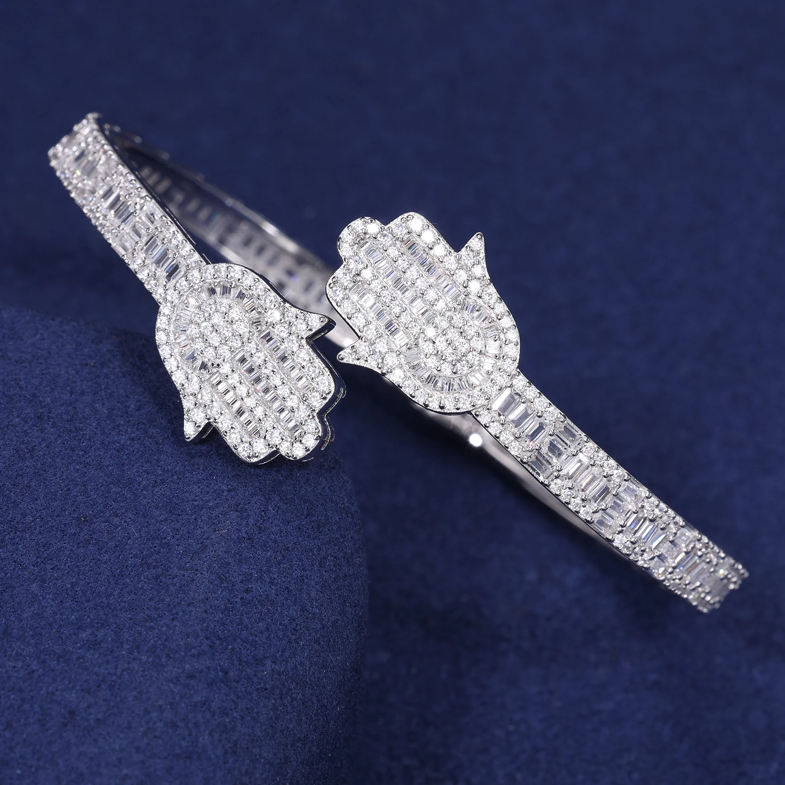 BAGUETTE MOISSANITE HAMSA BANGLE BRACELET IN STERLING SILVER - Image 2