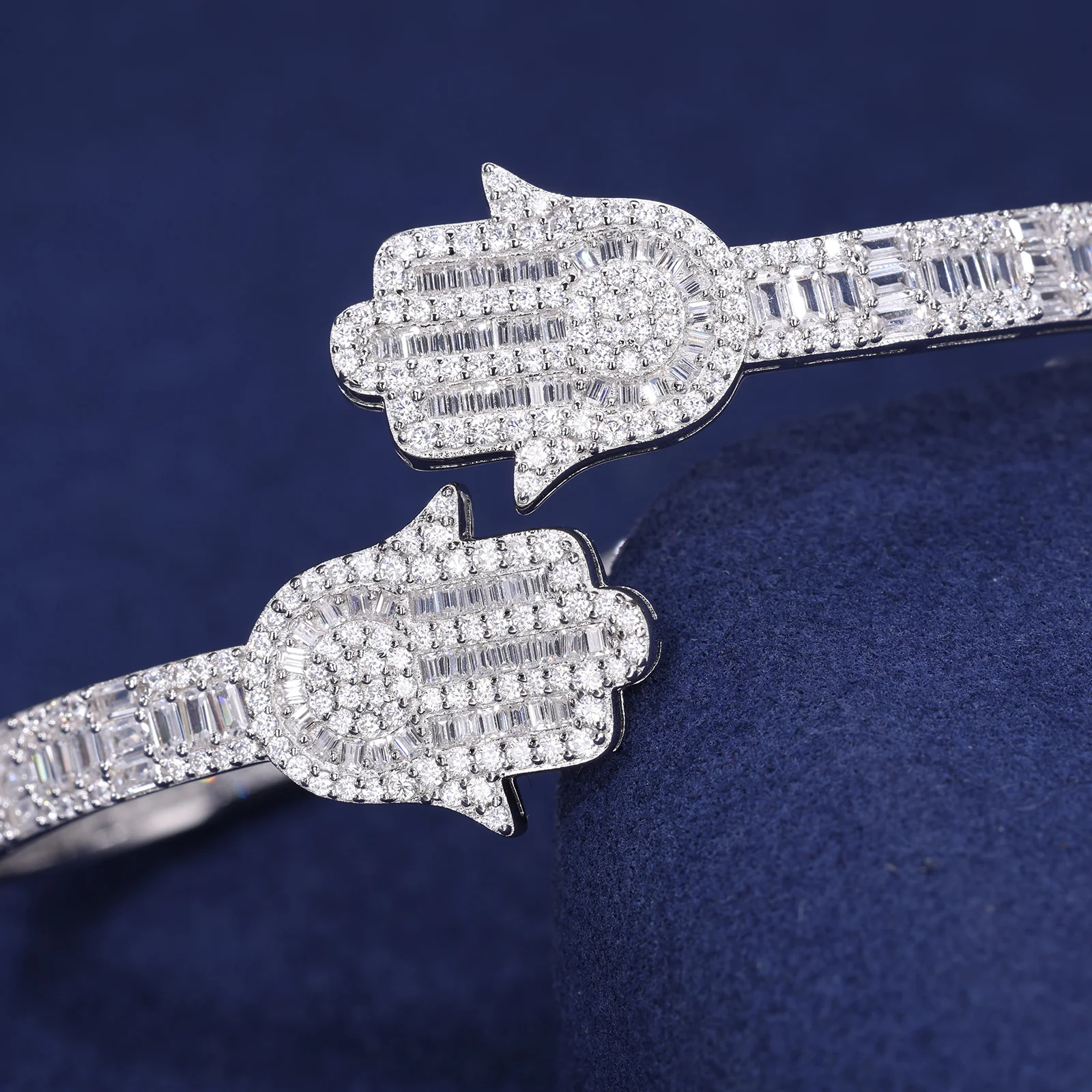 BAGUETTE MOISSANITE HAMSA BANGLE BRACELET IN STERLING SILVER - Image 3