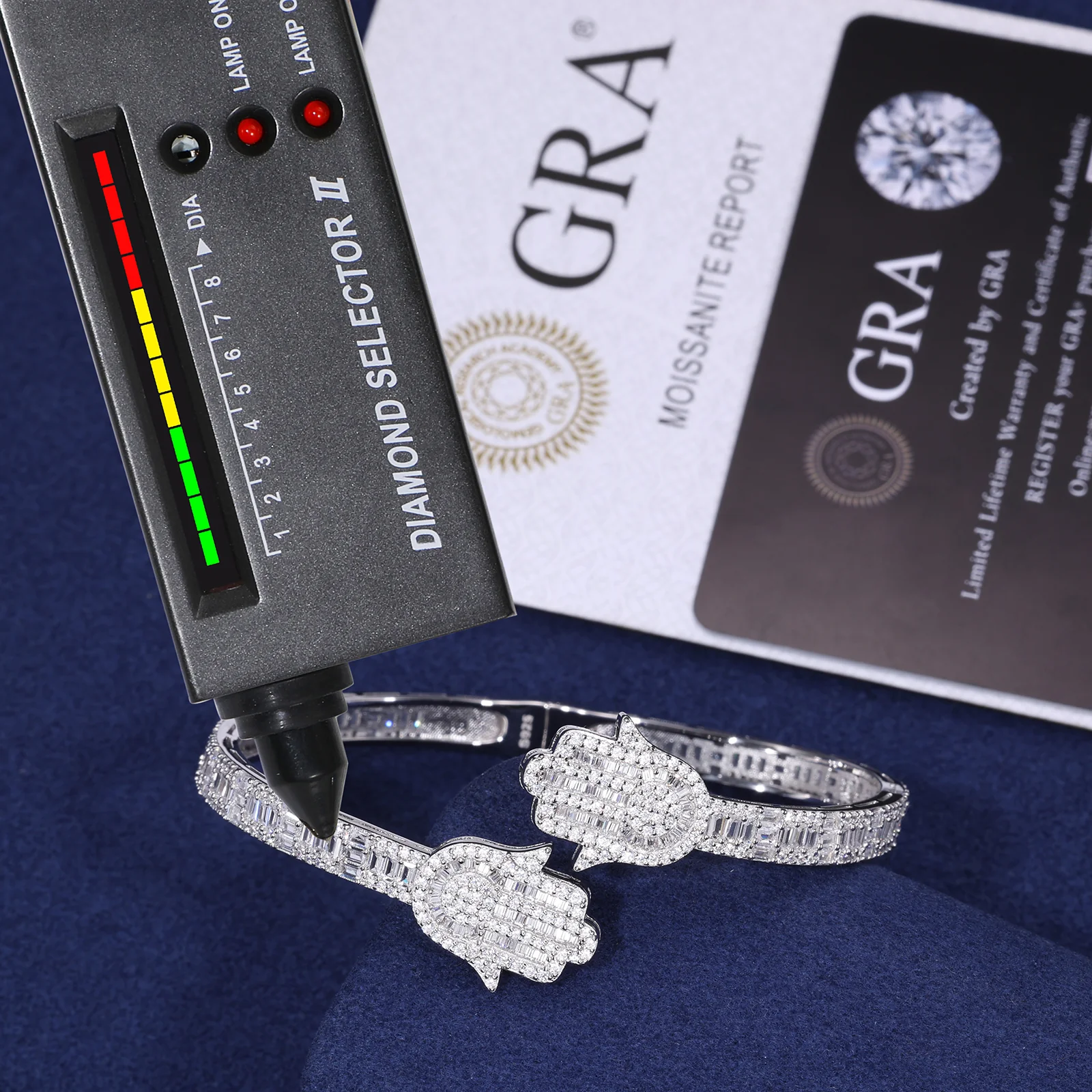 BAGUETTE MOISSANITE HAMSA BANGLE BRACELET IN STERLING SILVER - Image 4
