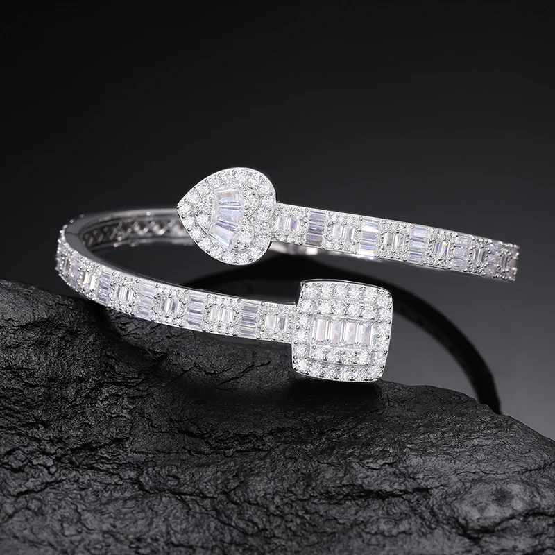 BAGUETTE MOISSANITE HEART CUFF BANGLE BRACELET IN STERLING SILVER {STYLE 2} - Image 2