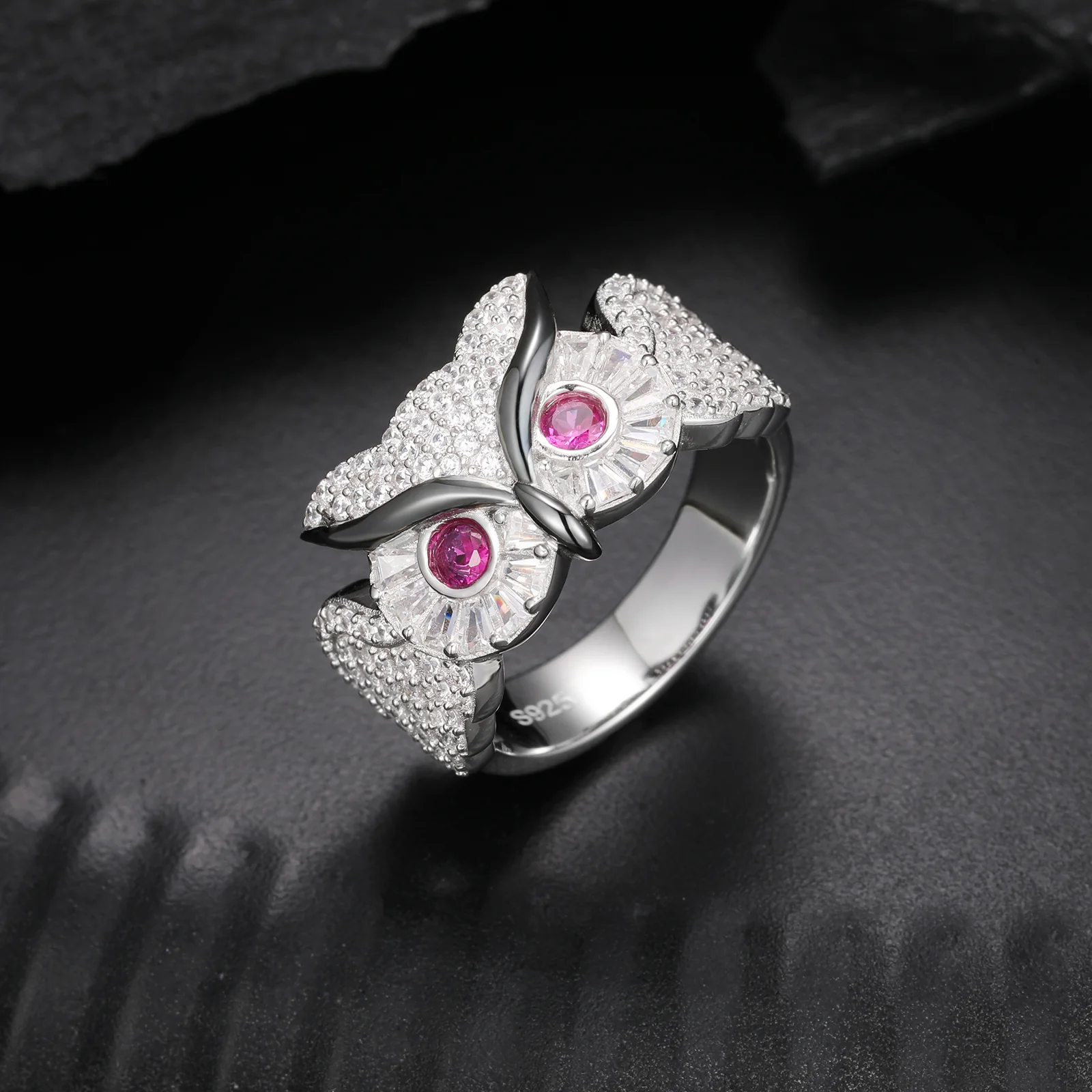 BAGUETTE MOISSANITE OWL RING IN STERLING SILVER - Image 2
