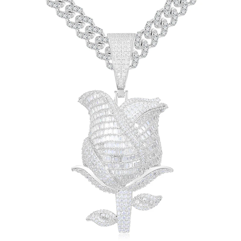 BAGUETTE MOISSANITE ROSE FLOWER PENDANT IN STERLING SILVER - Image 5