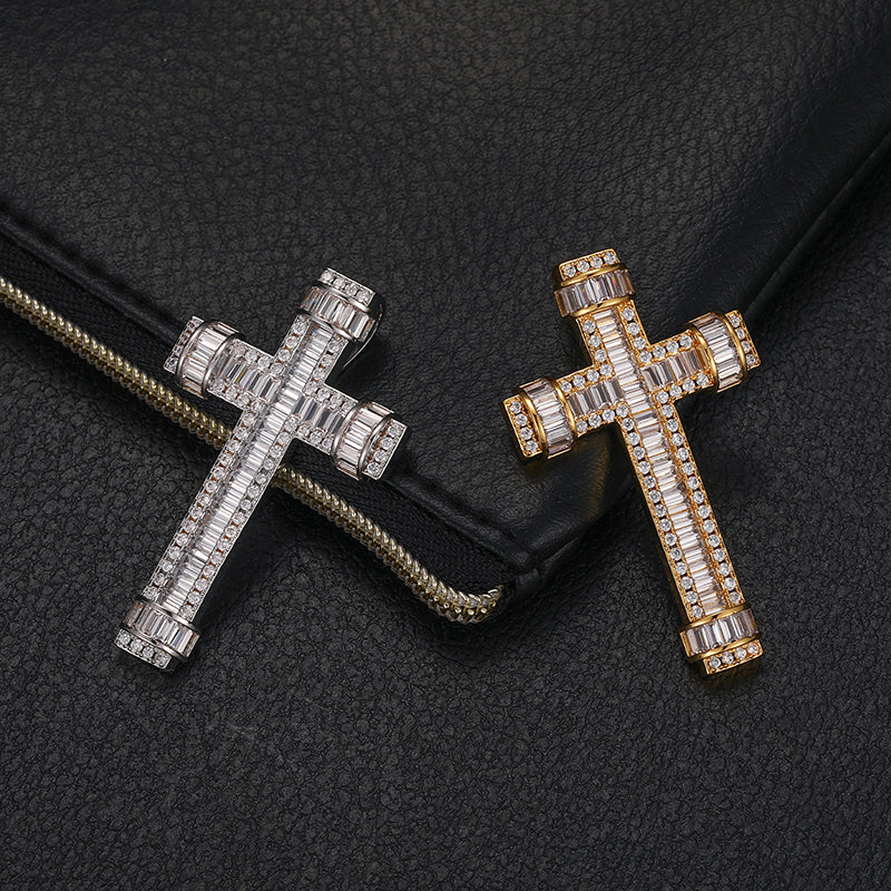 BAGUETTE RINGED MOISSANITE CROSS PENDANT IN STERLING SILVER - Image 2
