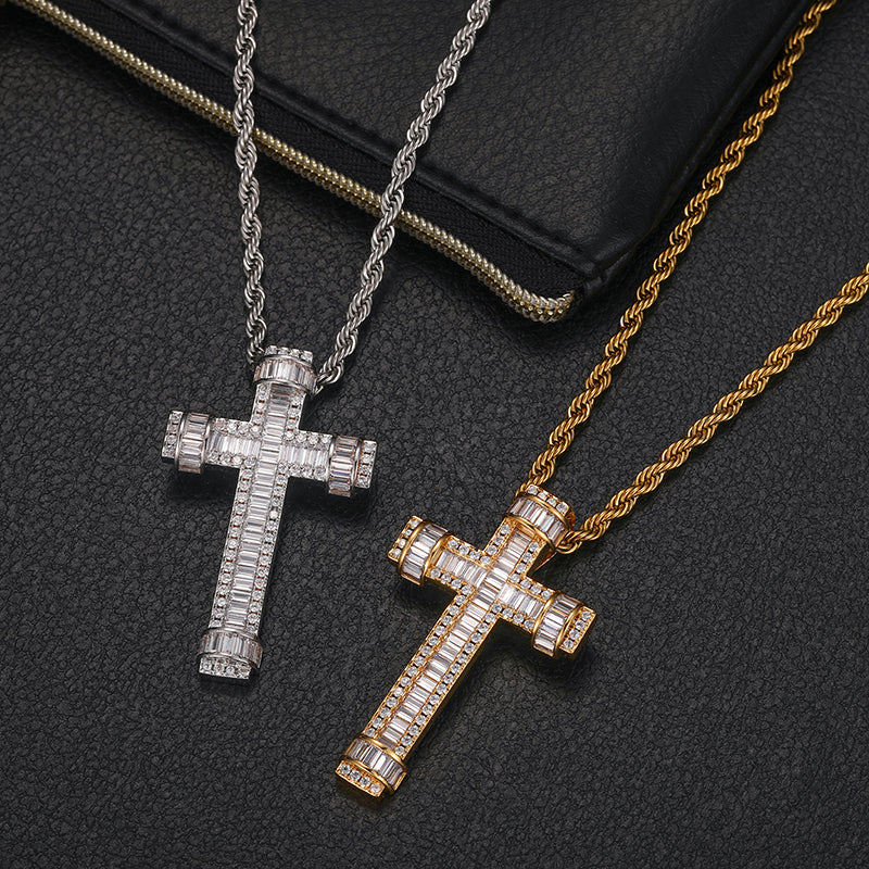 BAGUETTE RINGED MOISSANITE CROSS PENDANT IN STERLING SILVER - Image 3