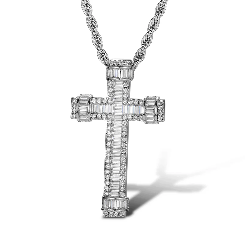 BAGUETTE RINGED MOISSANITE CROSS PENDANT IN STERLING SILVER - Image 4