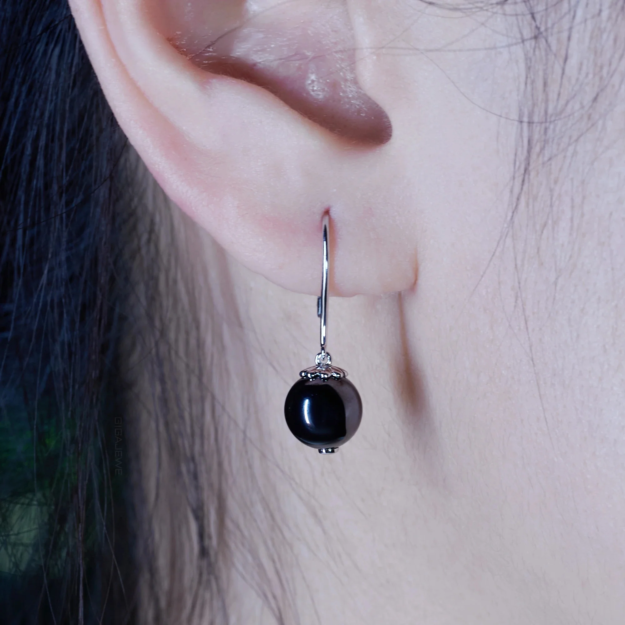 BLACK MOISSANITE BALL HOOP EARRING IN SOLID WHITE GOLD - Image 3