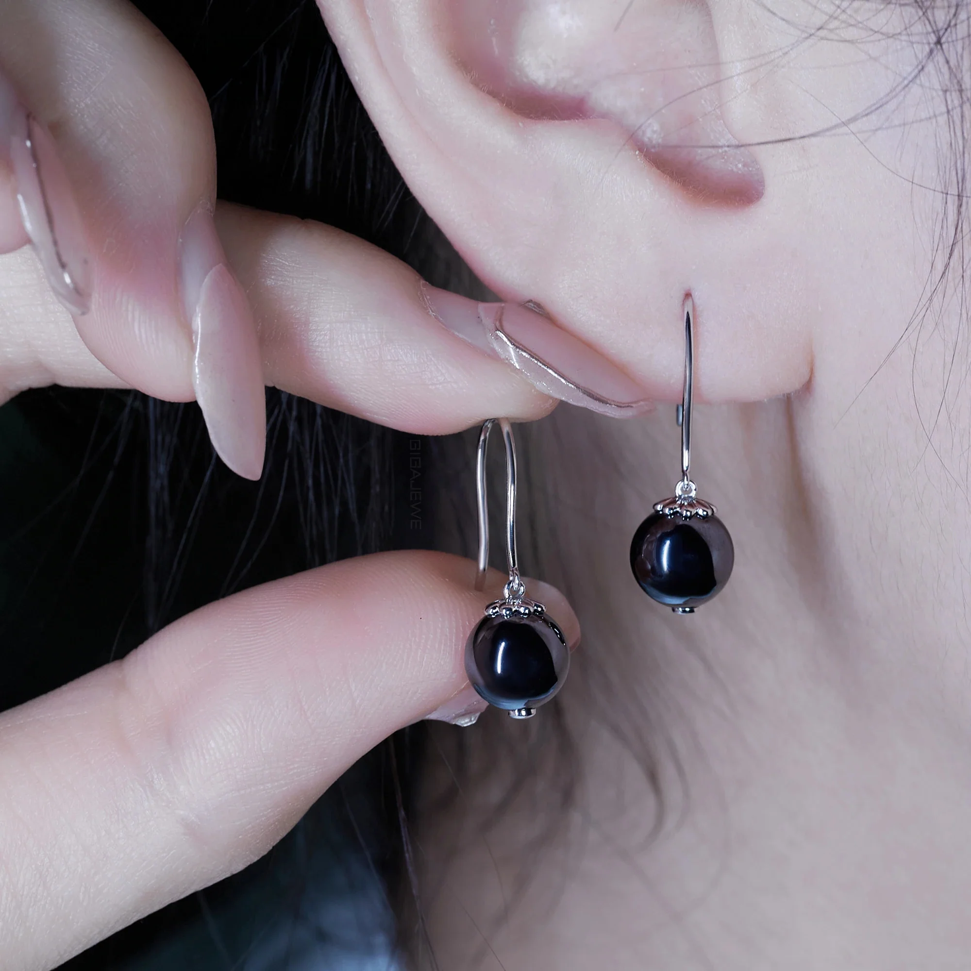 BLACK MOISSANITE BALL HOOP EARRING IN SOLID WHITE GOLD - Image 4