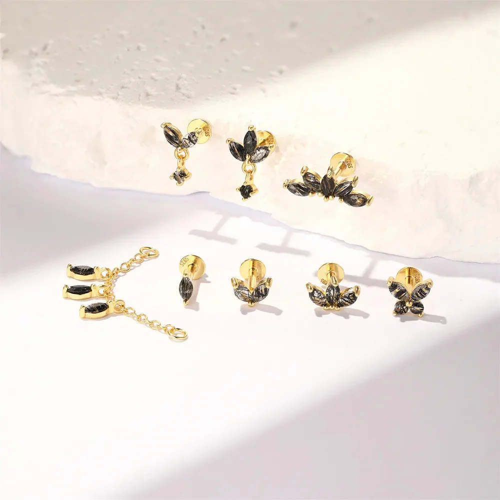 BLACK QUARTZ EAR STUDS IN STERLING SILVER - Image 3