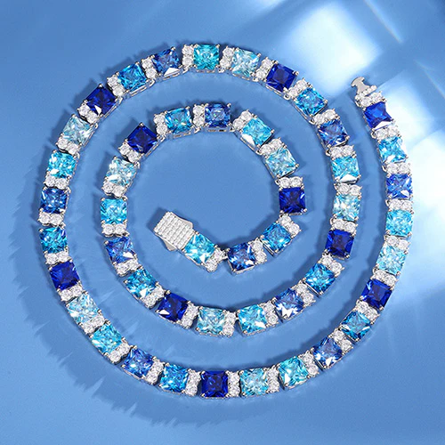 BLUE CZ MOISSANITE DIAMOND CLUSTER TENNIS CHAIN IN STERLING SILVER - Image 2