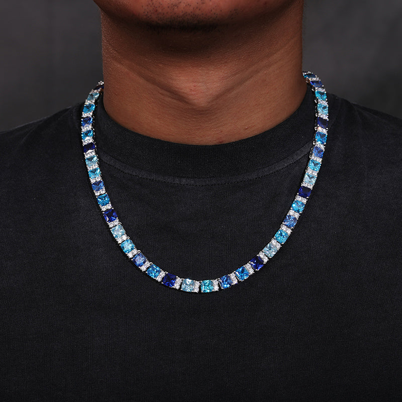 BLUE CZ MOISSANITE DIAMOND CLUSTER TENNIS CHAIN IN STERLING SILVER - Image 3