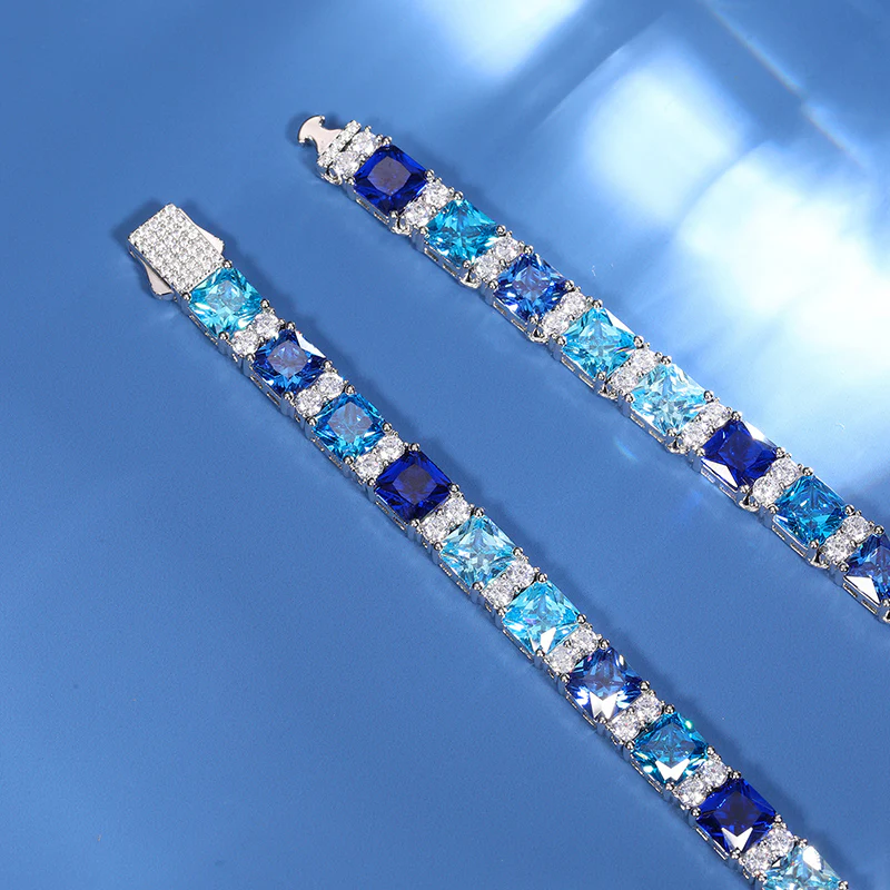 BLUE CZ MOISSANITE DIAMOND CLUSTER TENNIS CHAIN IN STERLING SILVER - Image 4