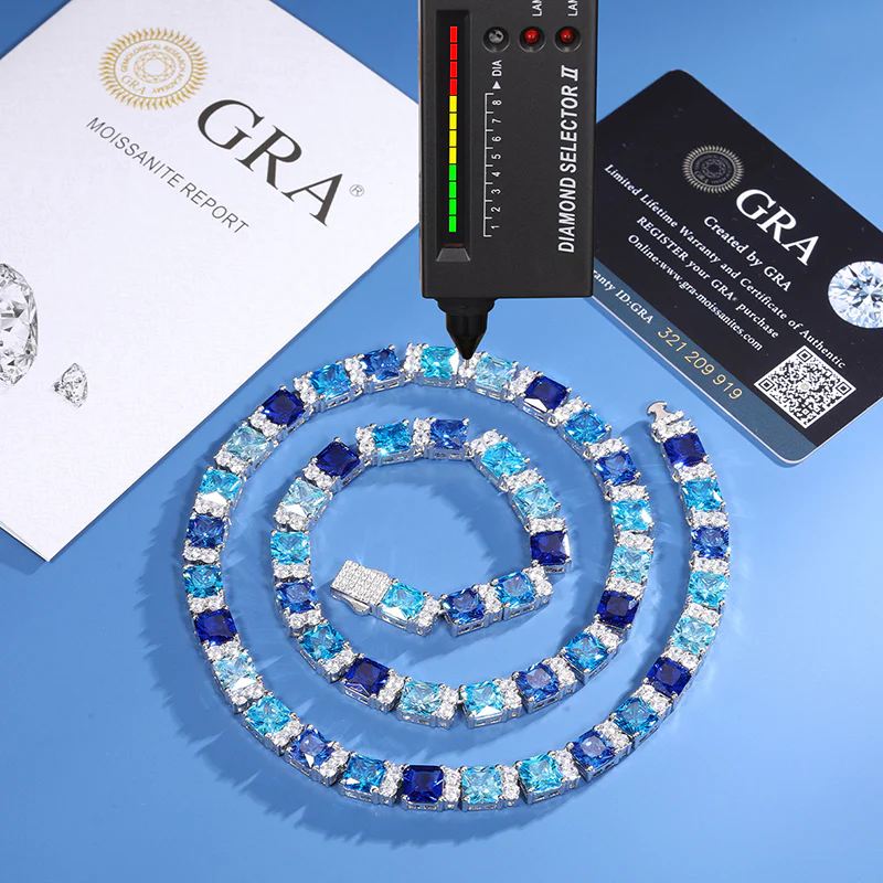 BLUE CZ MOISSANITE DIAMOND CLUSTER TENNIS CHAIN IN STERLING SILVER - Image 5
